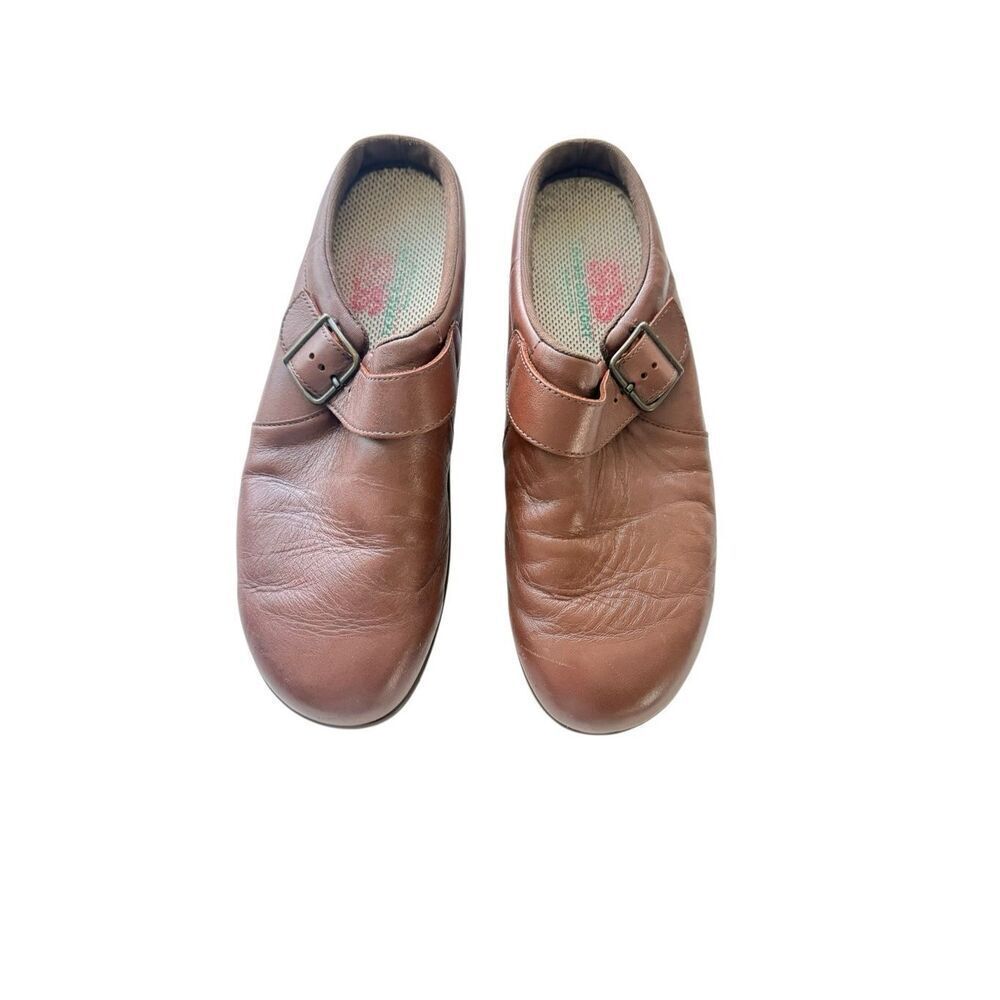 SAS Womens Brown Leather Buckle Tripad Comfort Slip On Clogs Mules Size 9.5M